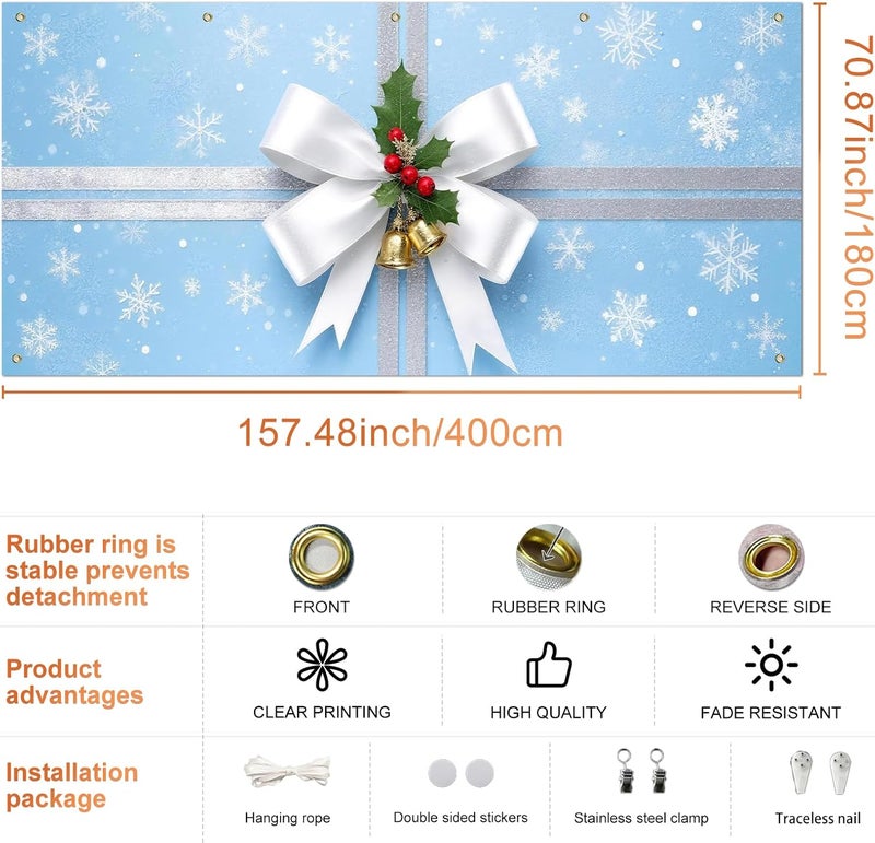 IVN Christmas Garage Door Banner 6x13 ft Blue Snowflake Gift Wrap with White Ribbon and Silver Bells Backdrop Decorative Holiday Christmas Garage Door Cover Mural Winter Scene Photo Backdrop - Image 3